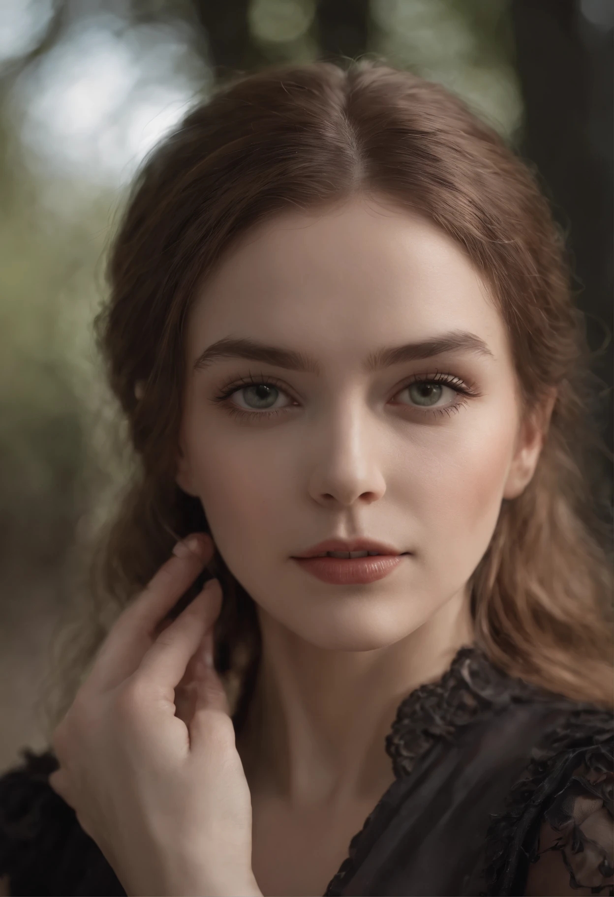 Portrait of a beautiful female from 1700,  Rosto detalhado perfeito, detailed symmetric circular iris, cabelos longos, cabelos pretos, Realistic, olhos greem, stunning realistic photography Norwegian character, 3D-rendering, octan render, intrinsecamente detalhado, Cinematic lighting, Foto de capa hiper detalhada centralizada, awesome full color, Hand drawn, Escuro, lo gothic, corajoso, 12k, High definition, cinemactic, Neoprene, Vencedor do concurso Behance, Retrato em destaque no Unsplash, arte digital estilizada, estilo de arte anime, liso, Ultra High Definition, 8k, Motor Unreal 5, Ultra sharp focus, obra-prima de arte intrincada, agourento, epics, TanvirTamim, trending on ArtStation, altamente detalhado, vibrante