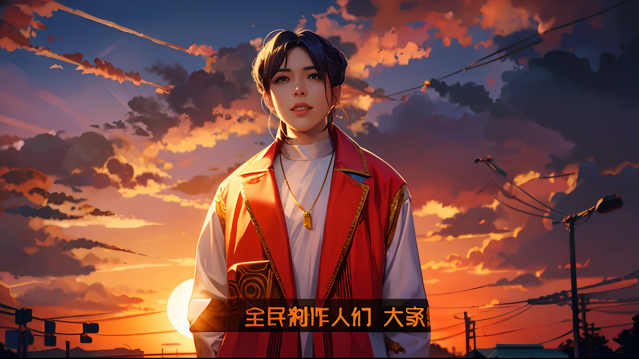 the sunset，eventide，evening light，middle parted hairstyle