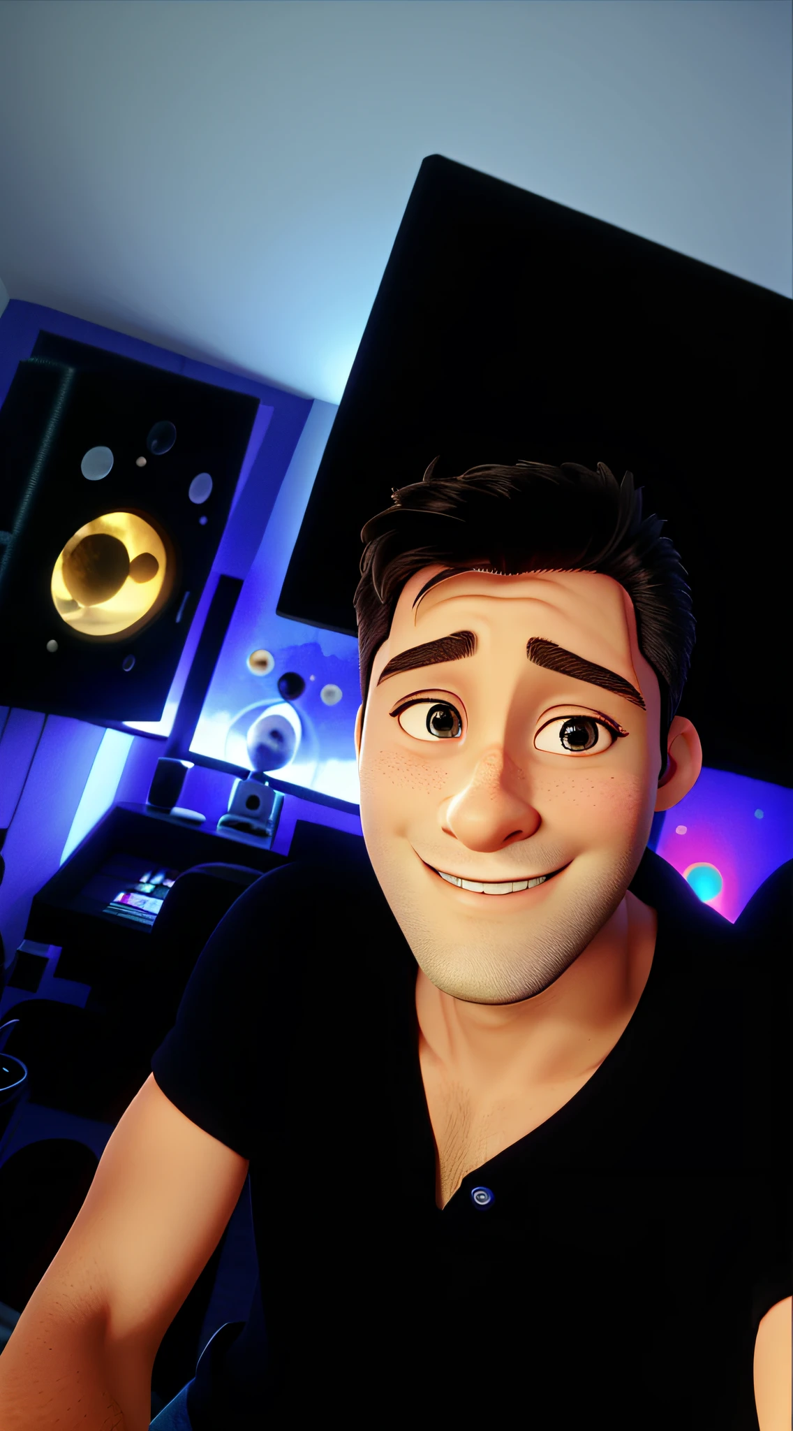 Homem, 35 anos, sorrindo. Cabelos pretos. Olhos pretos. Pele marrom claro. In the background, music studio with blue lights and a small astronaut toy doll.