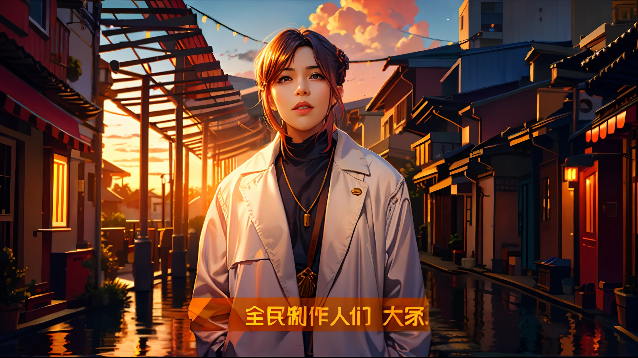 the sunset，eventide，evening light，middle parted hairstyle