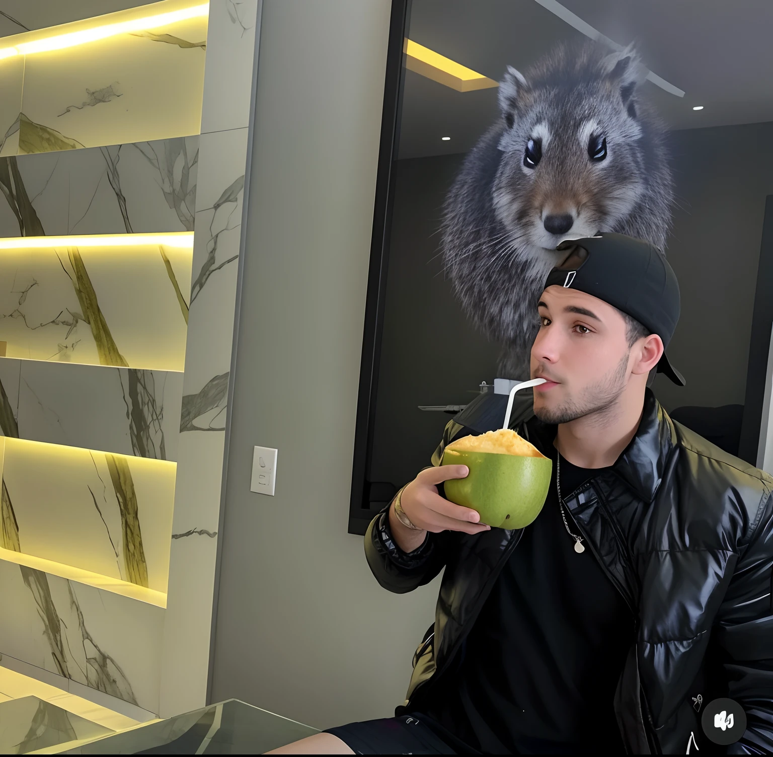 There's a man sitting on a chair drinking a coconut, pegando seus tacos e bebida), com uma bebida, sentado em um lounge, holding an avocado in his hand, coquetel de bebida, 🔞🤡, Artem, ostentando sua riqueza, segurando uma bebida, com um canudo, 🐿🍸🍋, frio como gelo! 🧊, Liam