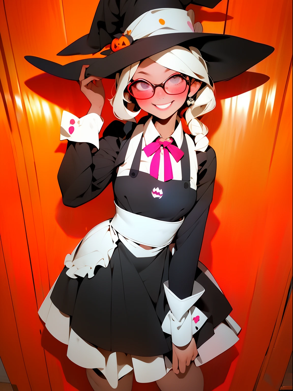 1 schoolgirl in、A smile、A delightful! The shirt、skirt by the、(small tits)aprons、boobgasm,hair adornments、maid、White costume、Witch hat,Halloween Witches,Halloween pumpkin,Halloween ornaments,Halloween decoration,black cats,