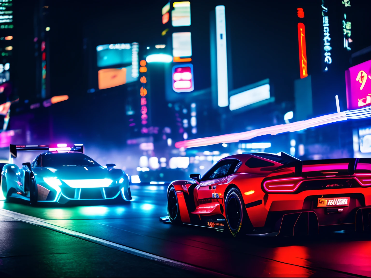 Two cars driving down a city street at night with neon lights - SeaArt AI