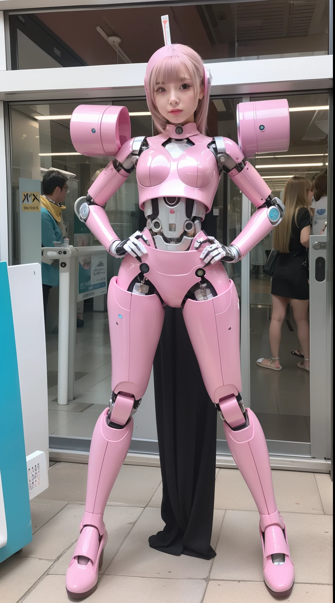 cyborgs, pink there, Silver, Metallic body, Robot Parts, Metal Parts, Super Detailed Face, Super well-formed face, of the highest quality, a small face,, small head、full bodyesbian, Brown hair, Slender body, Camera gaze, Idol, Well-proportioned body, gravure, Photo session, akihabara, Moe Pose, Standing with legs open, Hands on hips, Model body type, sad, Embarrassing,(Perfect Robot Girl),(Perfect machine body)