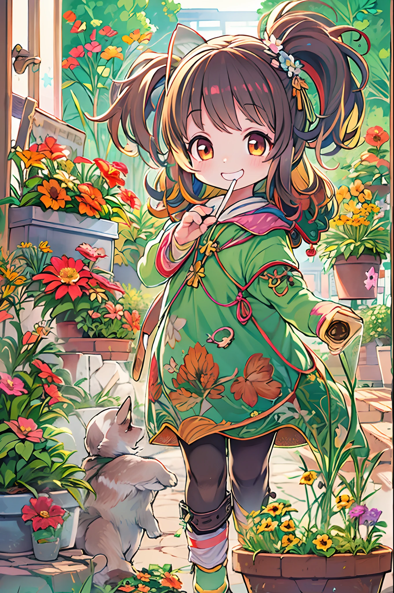 masutepiece, Best Quality, 1girl in, Podenko, flower pots, Little smile, multicolored background, flower, Dynamic Color,
