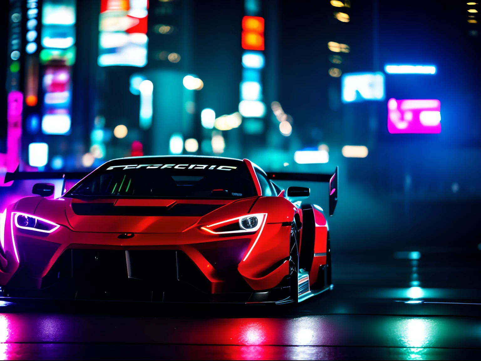A red sports car driving down a city street at night - SeaArt AI