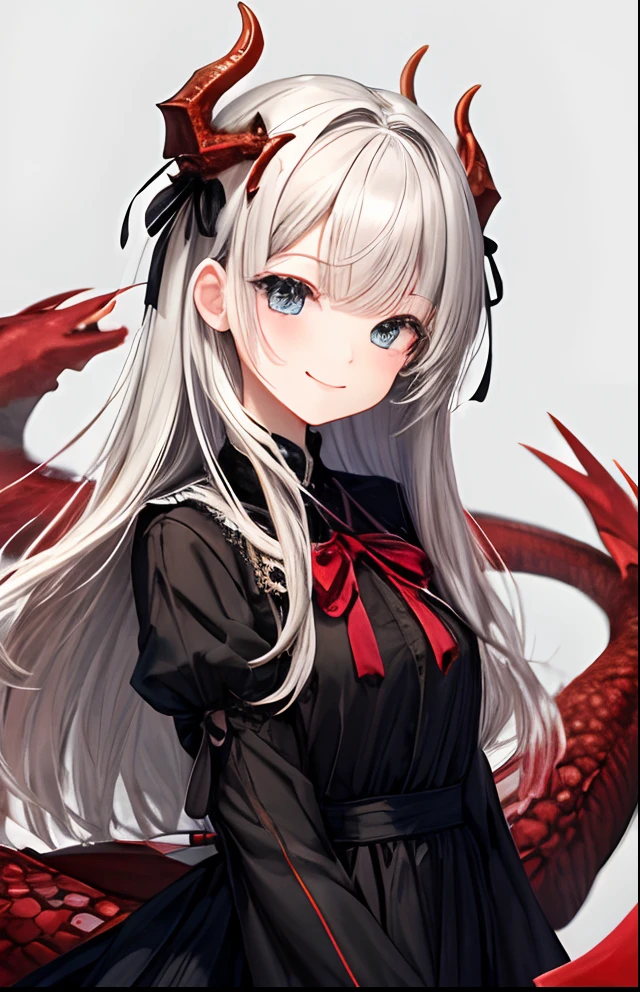 girl with、No background、without background、Background through、Gray hairs、Gray hair、The long-haired、long、Subject bangs、Aligned bangs、Black eyes、Black eyes、Eyes sparkle、Sparkling eyes、Red and black striped dress、bow ribbon、The dragon、shenron、tail、A smile、kawaii、without background