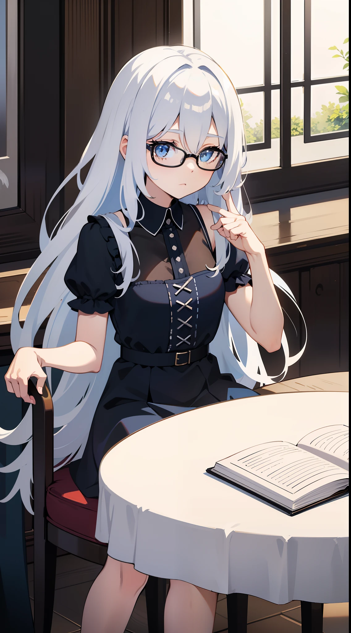 small girl, Long white hair, blue eyes, Black, stylish glasses, blue dress, fluffy dress, short sleeves, open shoulders, book, sitting at the table, tea, Masterpiece, hiquality, 4k, HD, Good detail