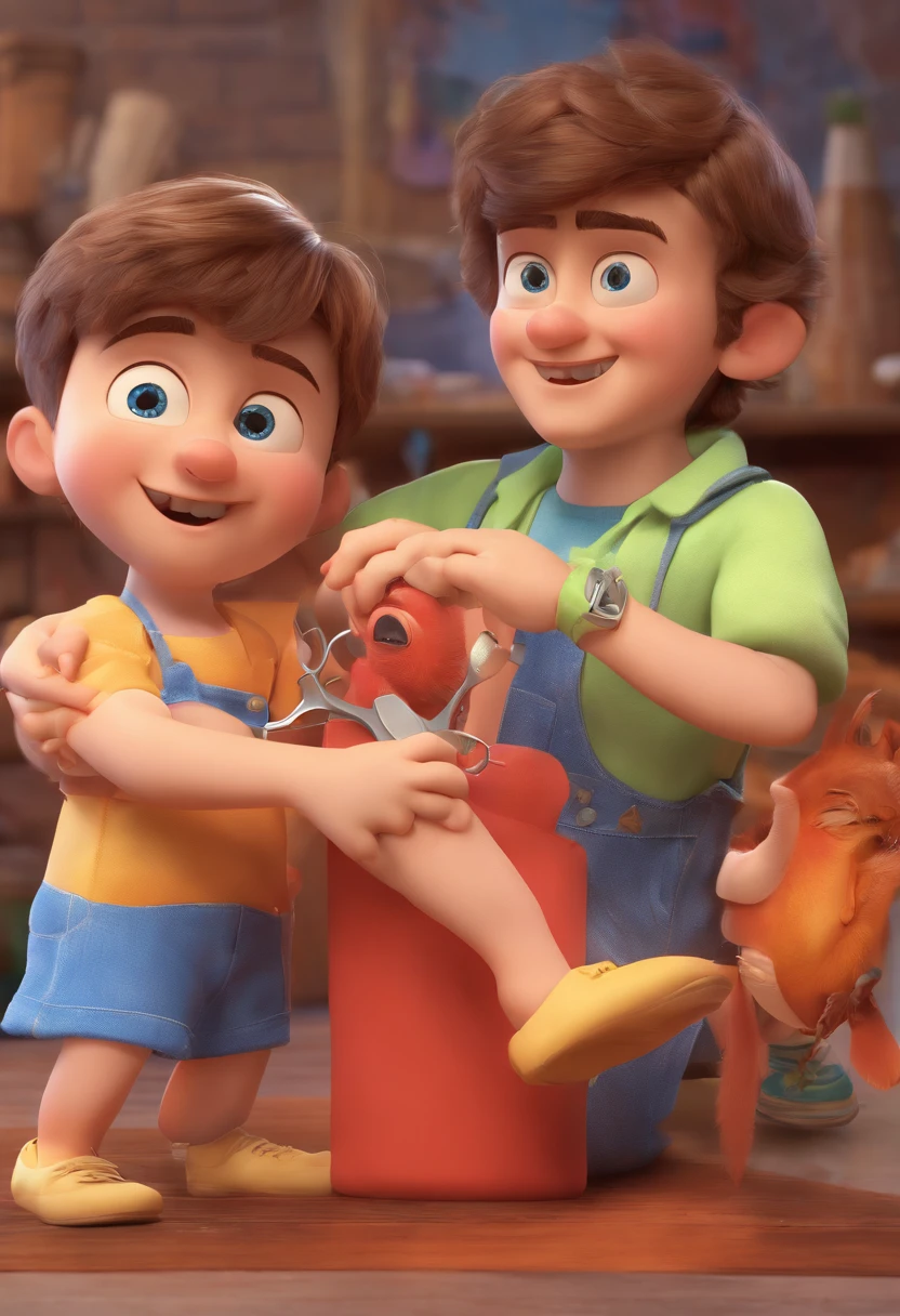 Estilo Pixar: The grown man is holding a naked blue-eyed boy and in his other hand he is holding a pair of scissors and is trying to cut off the boy's testicles,3D Poster,Disney