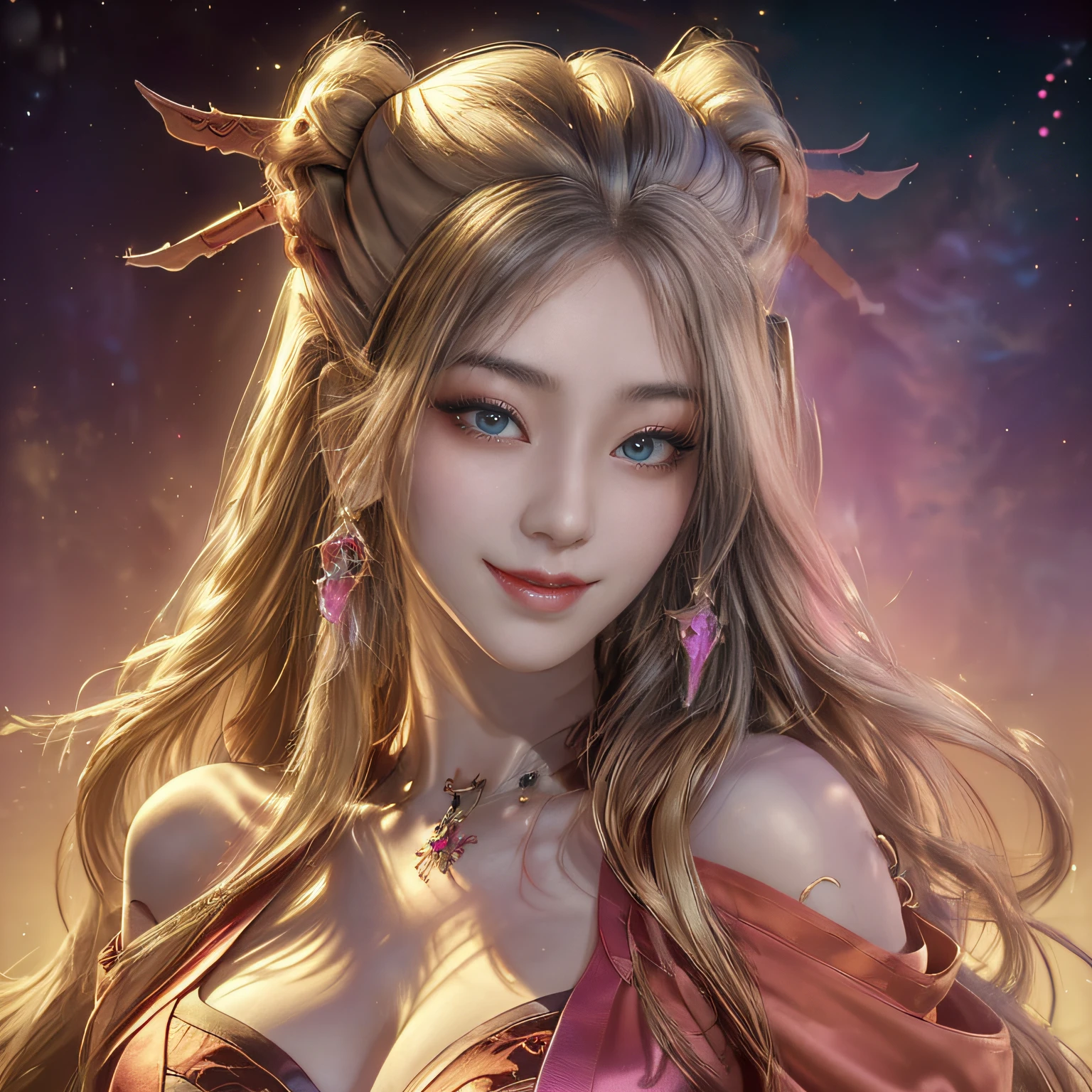(masterpiece、top-quality、top-quality、Official art、Beautifully Aesthetic:1.2)、(1girl in)、ighly detailed、(Fractal Art:1.3)、colourfull、highestdetailed Soft smile breasts are large Soft expression A smile Pink Ninetail foxes Breasts are big showy Gold background Happy Very bright pink there pink there Facing the front Bangs are parting