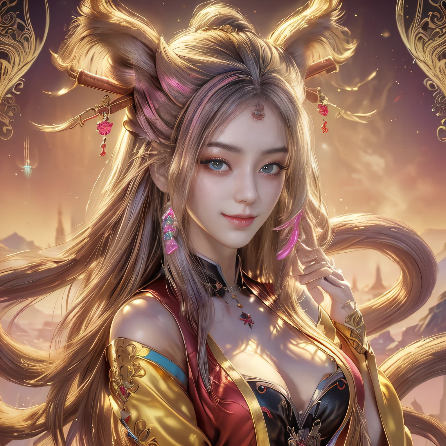(masterpiece、top-quality、top-quality、Official art、Beautifully Aesthetic:1.2)、(1girl in)、ighly detailed、(Fractal Art:1.3)、colourfull、highestdetailed Soft smile breasts are large Soft expression A smile Pink Ninetail foxes Breasts are big showy Gold background Happy Very bright pink there pink there Facing the front Bangs are parting