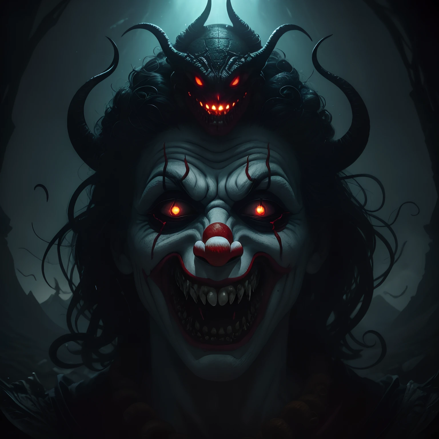 "Coringa Viking , sorriso sinistro, blood tears, sombrio, qualidade excepcional, multiple facial scars, Batman que ri, armadura viking das trevas, gothic style."