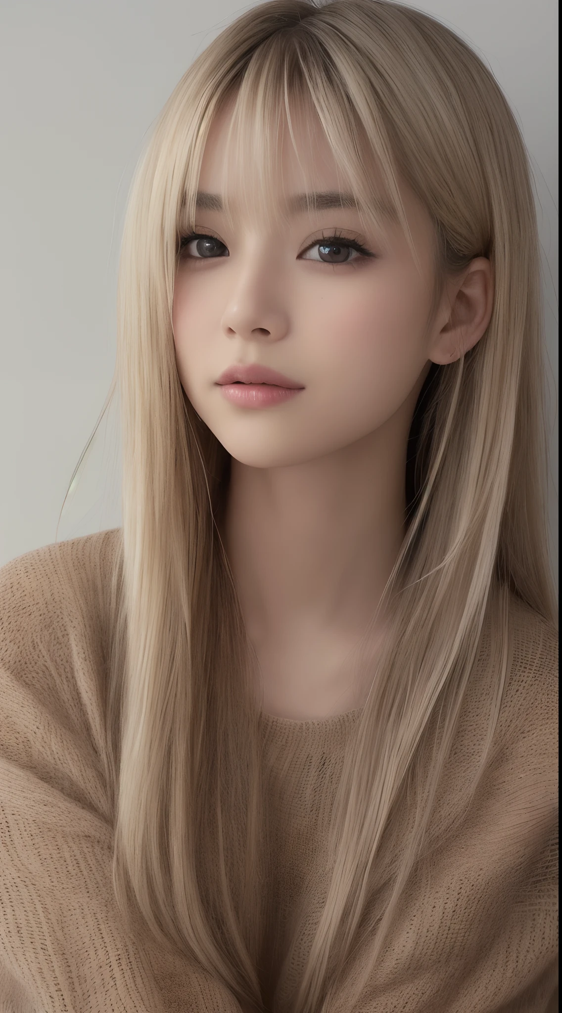 （smile1.6）、Raw photography、from the front side、medium shot,(((Portrait of extreme beauty)))、((Tanned skin 1.6))、女の子1人、Beautiful 18 year old girl in Japan、bright expression、((platinum-blonde-hair))、Glossy glossy skin、Silky long straight hair、eye liner、Beautiful bangs、Hair between the eyes、((​masterpiece、top-quality、ultra-detailliert、Film Light、intricate-detail、hight resolution、ighly detailed))、细致背景、8KUHD、Digital SLR、Soft light、hightquality、Film grain、FujifilmXT3 、Shallow depth of field、natural soft light、（No hands）、Looking at the camera、middlebreasts、sweater