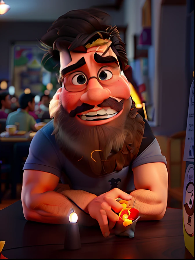Poster no estilo Disney pixar, alta qualidade, melhor qualidade, homem sexy branco, 30 anos cabelo grisalho barba preta, musculoso, com fundo em um restaurante a luz de velas