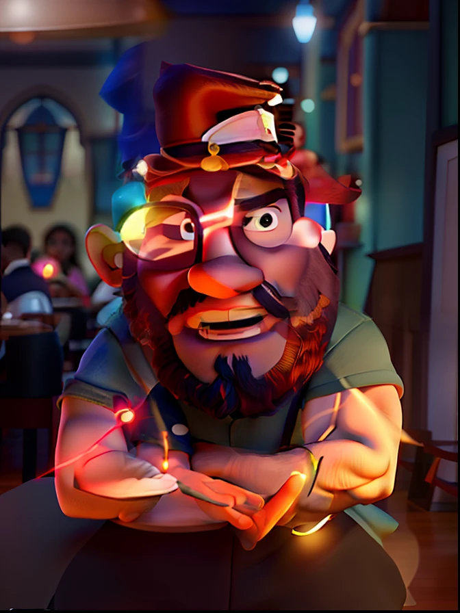 Poster no estilo Disney pixar, alta qualidade, melhor qualidade, homem sexy branco, 30 anos cabelo grisalho barba preta, musculoso, com fundo em um restaurante a luz de velas