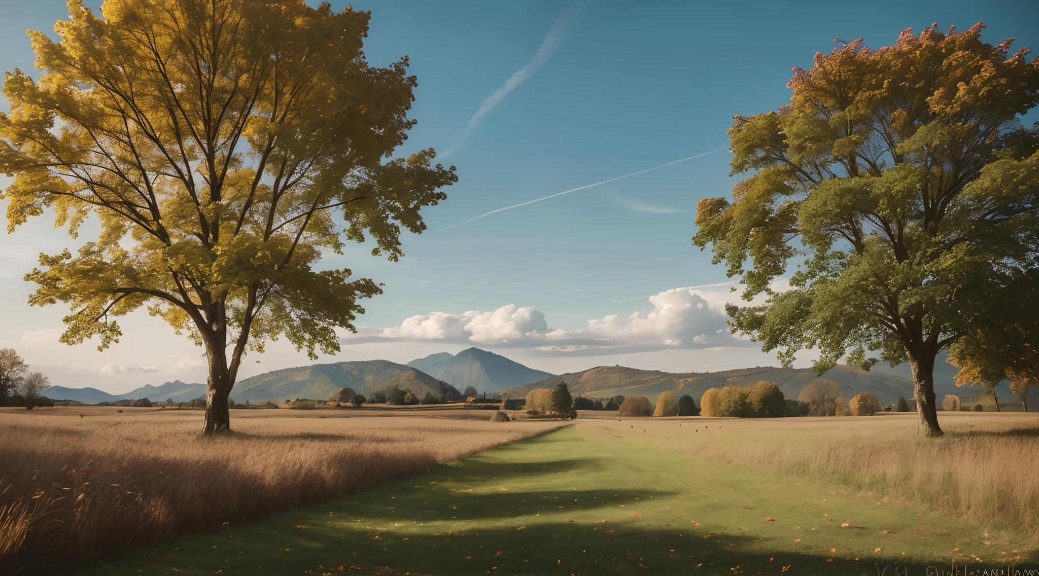 trees in field with mountain in background, veduta landscape photo 35mm, mountain behind grassland, wide angle landscape, realistic landscape, distant landscape photo, country landscape, landscape, take inspiration from Jan Antonisz van Ravesteyn, early autumn, landscape landscape, wide angle landscape photography, autumn fields, felucia landscape, adding people to the scene