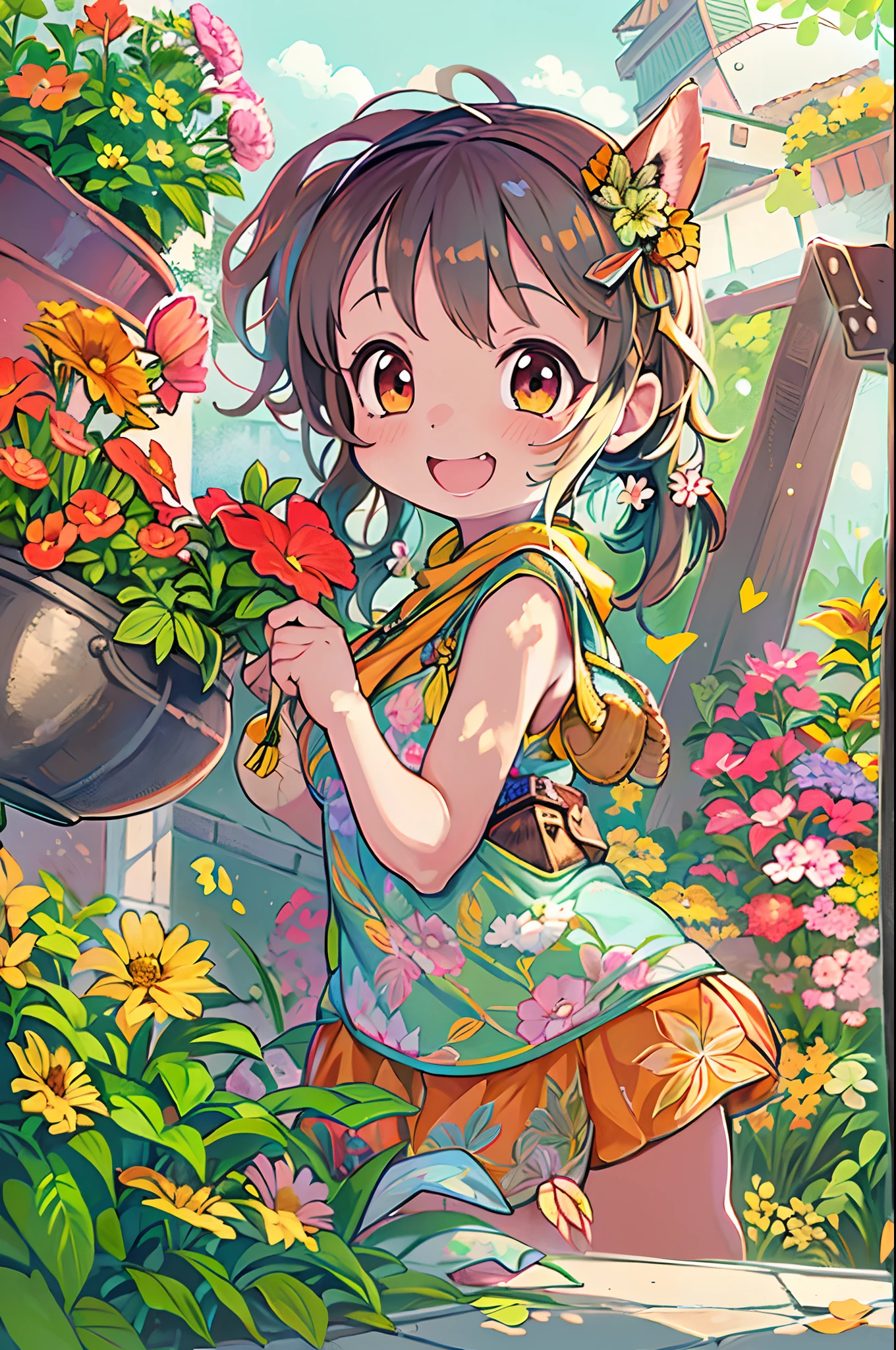 masutepiece, Best Quality, 1girl in, Podenko, flower pots, Little smile, multicolored background, flower, Dynamic Color,