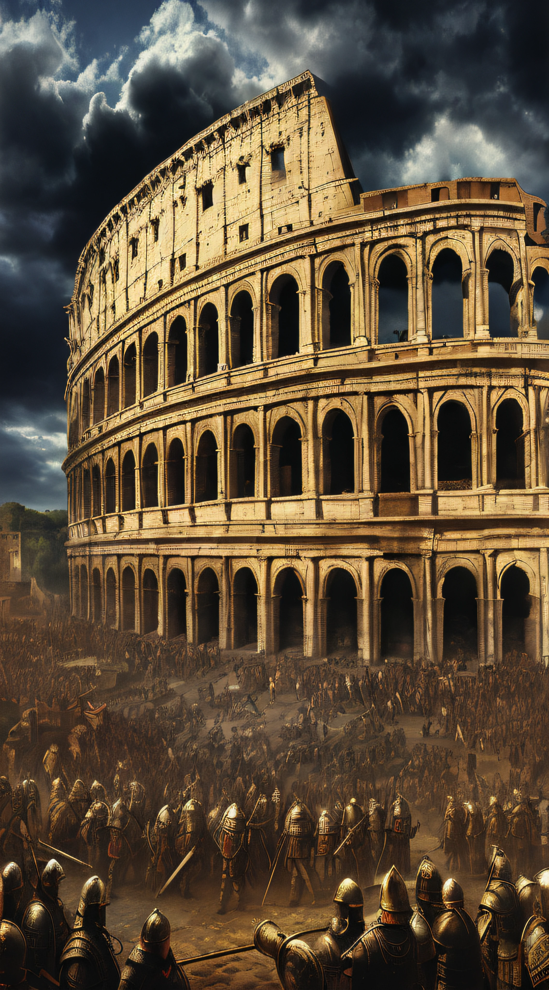 there are many people in armor standing in front of a building, fall of rome, in a gladiators arena landscape, the fall of rome, coliseum background, coliseum backdrop, colosseum, coliseum of rome, roman coliseum, coliseum, colosseo, by Artur Tarnowski, surrealistic roman architecture, in a coliseum, rome backdrop, rome, ancient rome