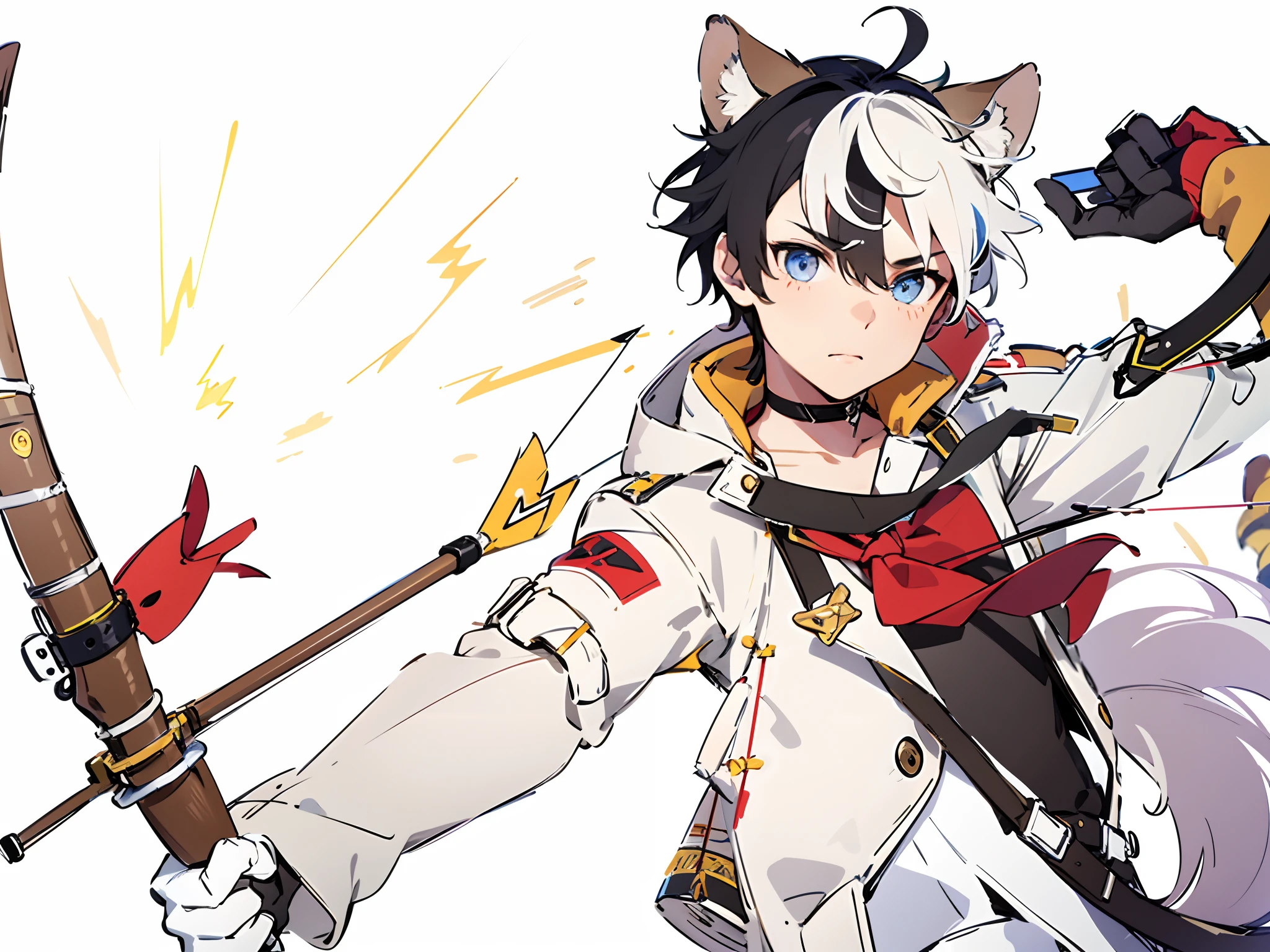 A boy with black and white hair,It has the ears and tail of a beast,Wearing a trench coat,Wear red gloves,Draw the bow to shoot arrows with a lightning effect
