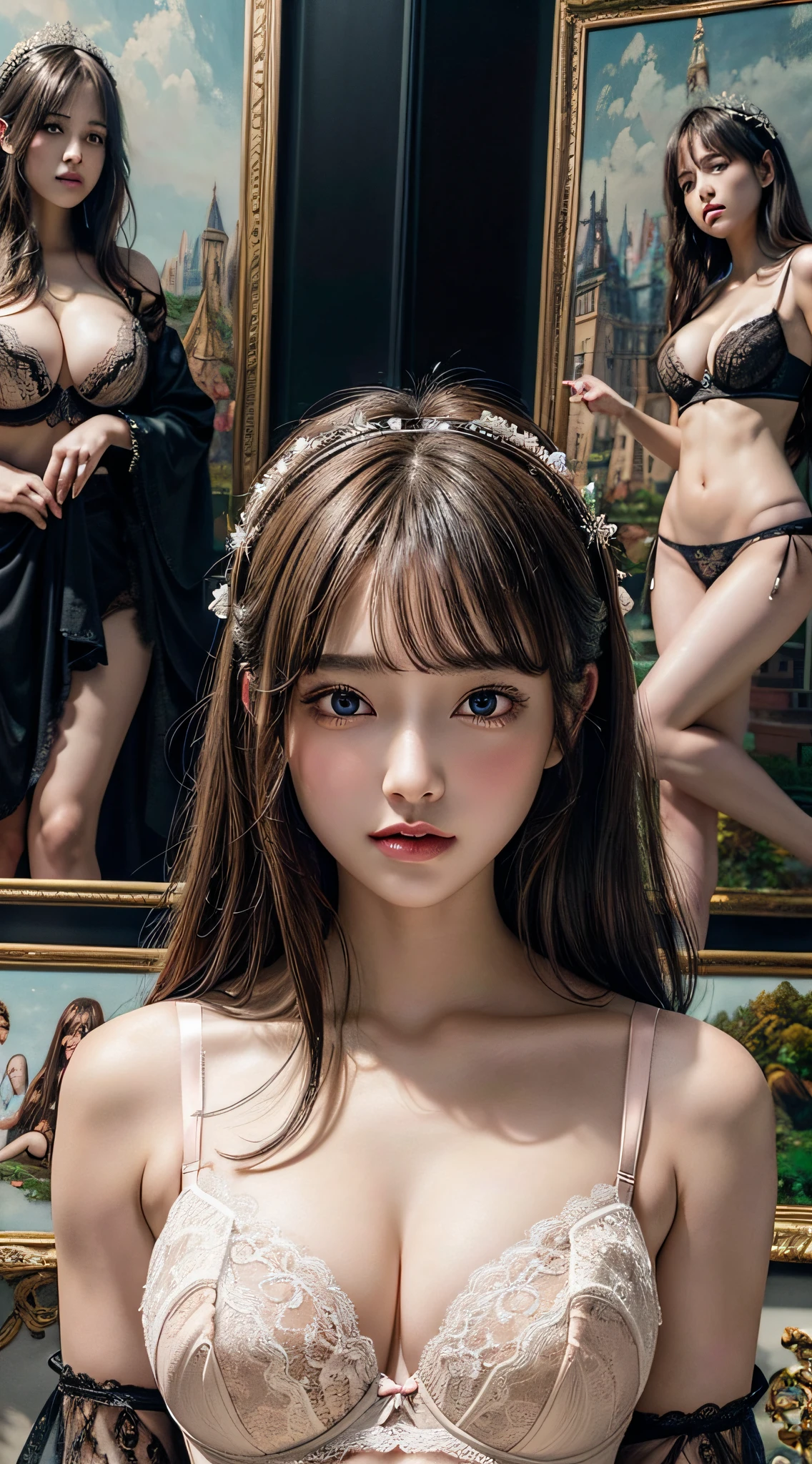 (1girl), Extremely cute face, (Beautiful girl in a princess dress:1.5), (lace bra:1.6), Amazing face and eyes, (extremely detailed beautiful face), (The sexiest look), (Beautiful big breasts:1.3), (Best Quality:1.4), (hyper quality), (Ultra-detailed), (extremely detailed CG unified 8k wallpaper), Highly detailed, RAW Photos, Professional Photography, (A luxurious living room with paintings of girls breasts on the walls:1.6), a scene from a movie,