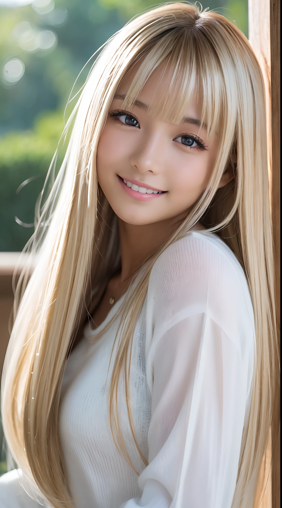 smile1.6）、Raw photography、from the front side、medium shot,(((Portrait of extreme beauty)))、((Tanned skin 1.6))、女の子1人、Beautiful 18 year old girl in Japan、bright expression、((platinum-blonde-hair))、Glossy glossy skin、Silky long straight hair、eye liner、Beautiful bangs、Hair between the eyes、((​masterpiece、top-quality、ultra-detailliert、Film Light、intricate-detail、hight resolution、ighly detailed))、细致背景、8KUHD、Digital SLR、Soft light、hightquality、Film grain、FujifilmXT3 、Shallow depth of field、natural soft light、（No hands）、Looking at the camera、middlebreasts、Sweaters,