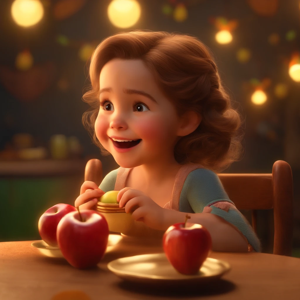 fofo, 可爱, Smiling girl eating a sweet apple, Doces voando ao redor dela, Pixar, Disney, Cinema lighting, Jogo, 8k, magia, amor