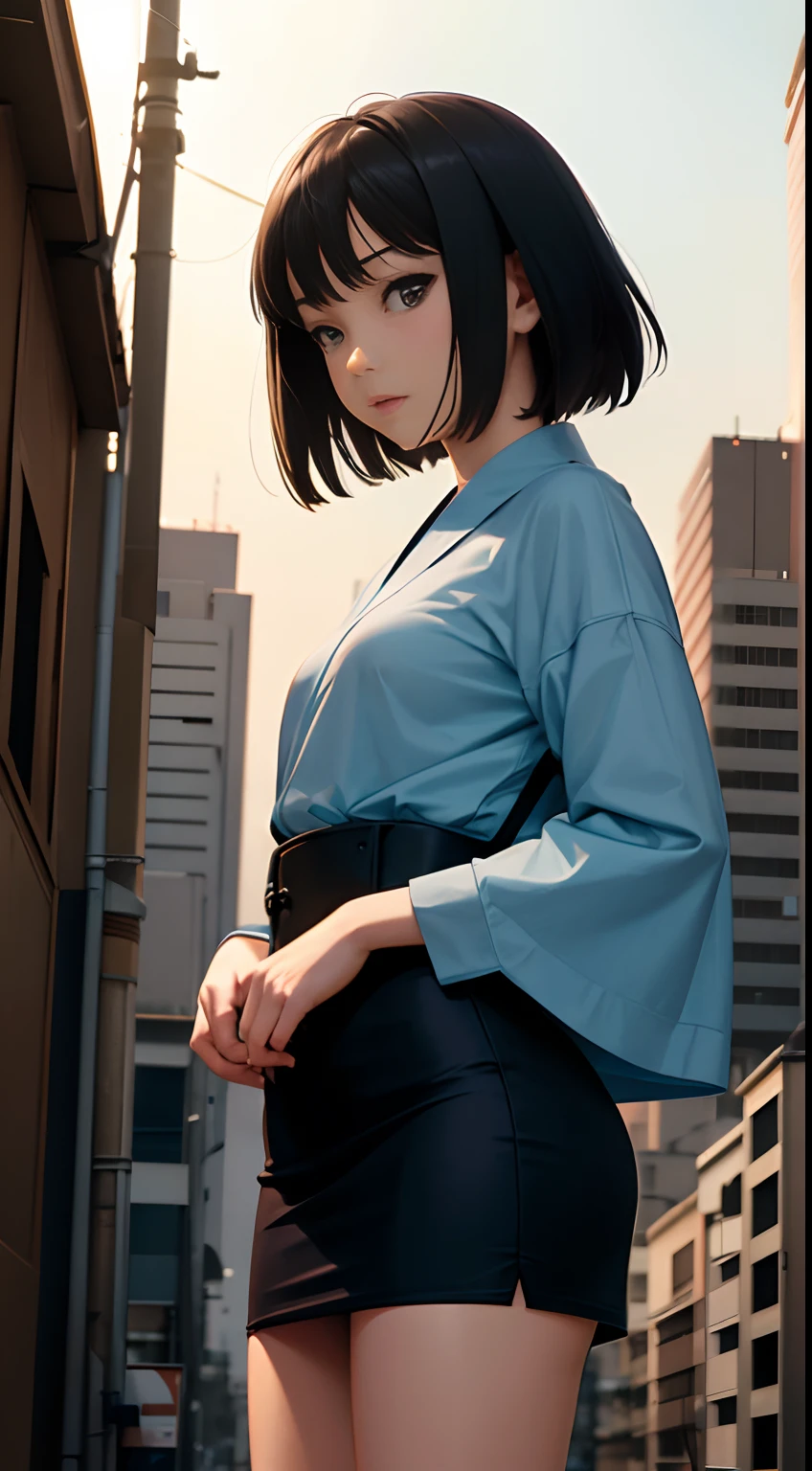 Kenji Tsuruta, Satoshi Kon, Katsuya Terada, katsuhiro Otomo, Surreal, mysterious, strange, fantastical, fantasy, sci-fi, Japanese anime, beautiful giant miniskirt high school girl who is taller than high rise buildings wandering around the city, perfect voluminous body, bird’s eye view, hyper detailed masterpiece high resolution definition quality, depth of field cinematic lighting Realistic sexy erotic