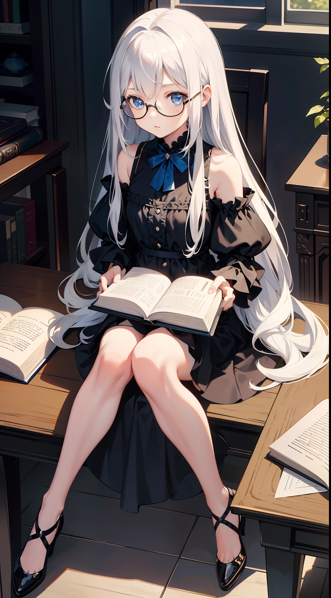 little girl, Long white hair, blue eyes, Black, stylish glasses, blue dress, fluffy dress, short sleeves, open shoulders, book, sitting at the table, tea, Masterpiece, hiquality, 4k, HD, Good detail