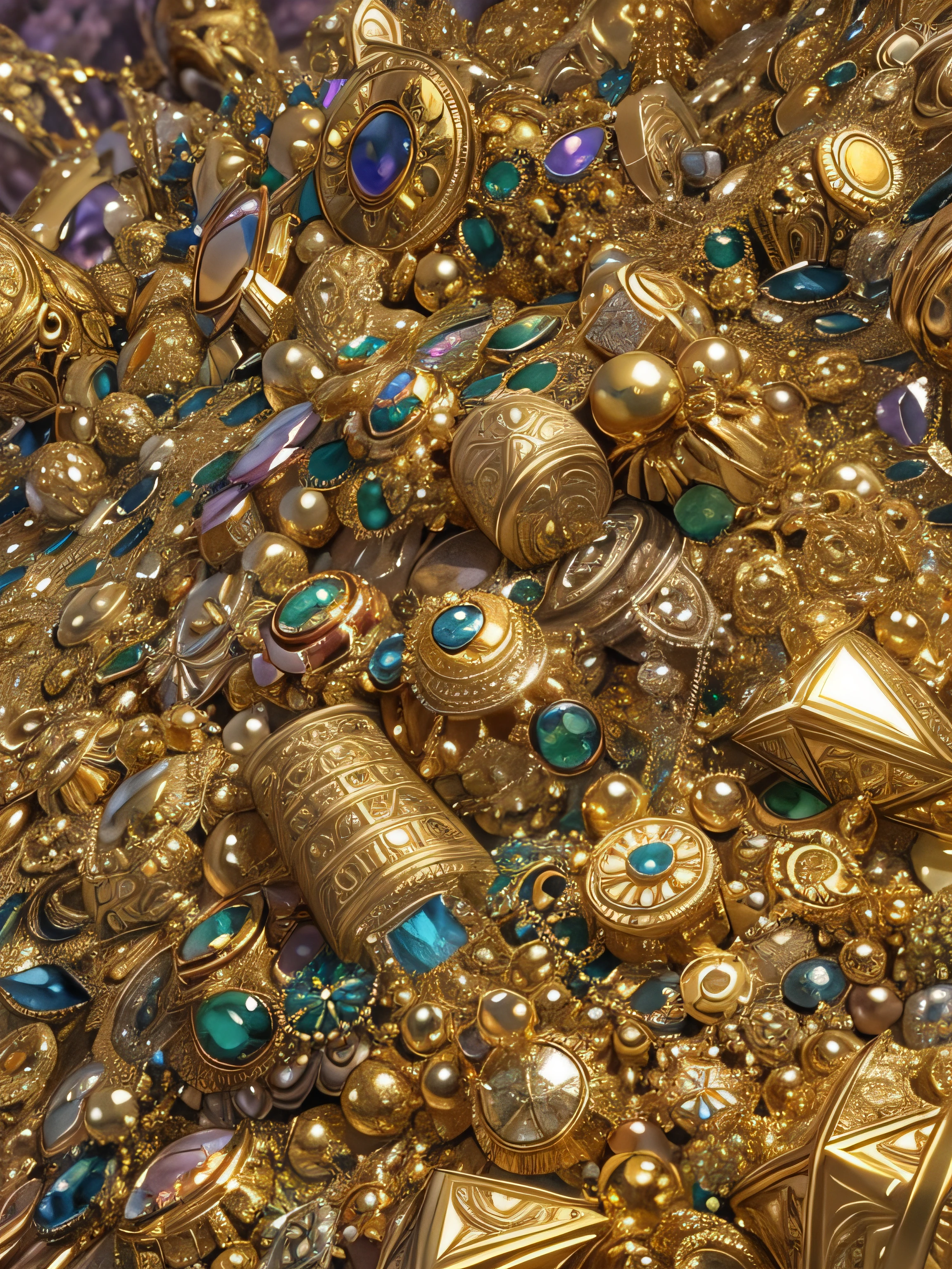(Tesouro pirata, Gold and precious stones are stacked in piles in the center), encontra-se em uma caverna, The light is in the upper right corner, detalhes 3D, hiperrealista, super detalhado