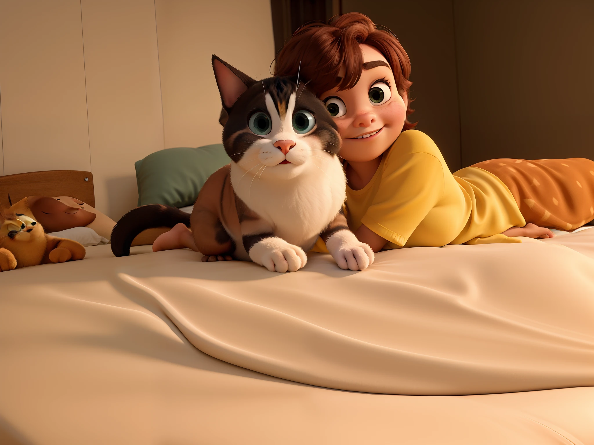 Uma menina e sua gata deitadas na cama estilo Pixar