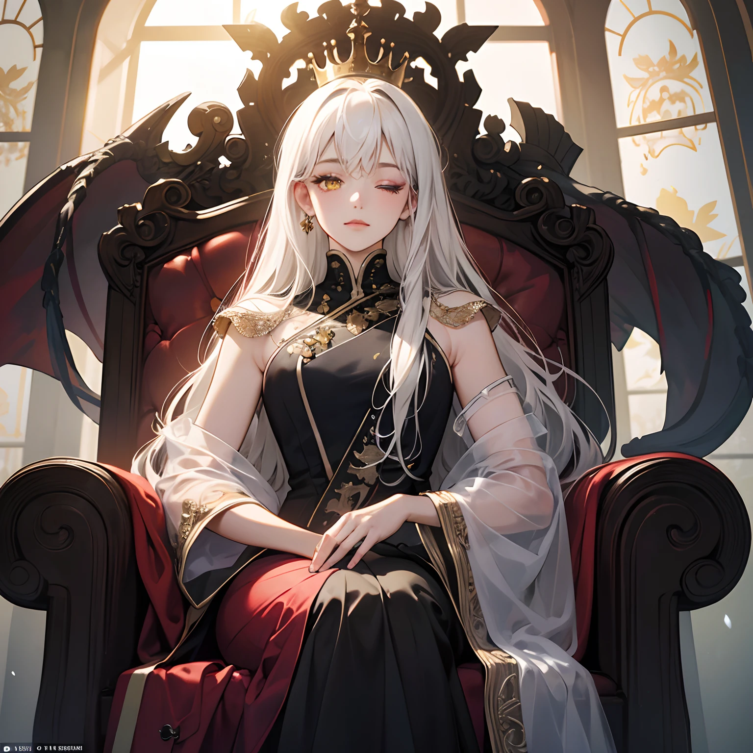 (Masterpiece:1.2), best quality, (illustration:1.2), (ultra-detailed), hyper details, (delicate detailed), (intricate details), (cinematic light, best quality Backlights), clear line, from below, soloist, perfect body, (1girl), white hair and yellow eyes, (emperor, black see-through clothes), (crown: 1.1), sitting on the throne, eyes slightly closed, head down, (shy: 1.2 ), (makeup), high contrast, (best illumination, an extremely create and beautiful), (cinematic light), colorful,