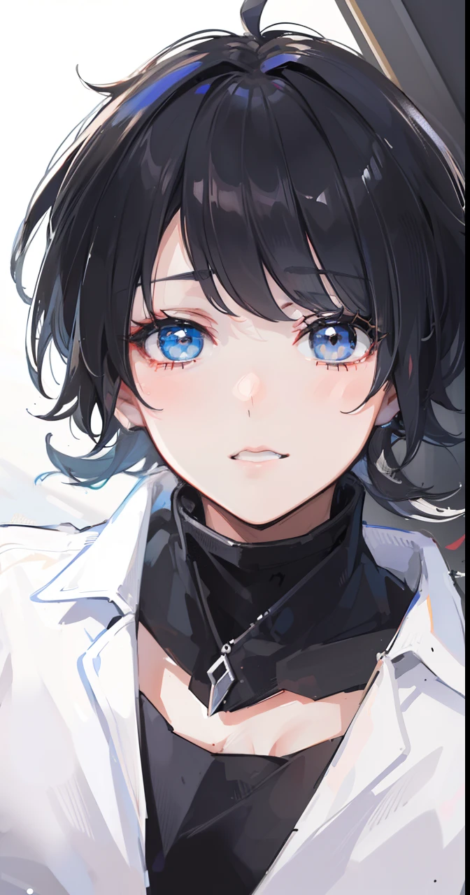 (best qualtiy, Masterpiece), (Cool handsome girl , 1girll , Solo, " In black suit,Short hair girl,Mullet head,Handsome girl,looks into camera,Cold girl,head portrait,mullet haircut,messy hair