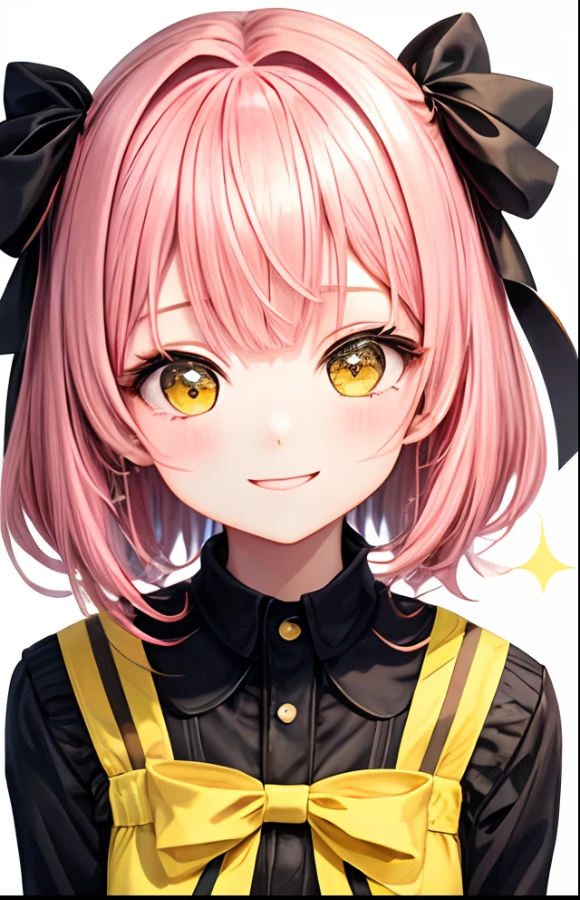 girl with、No background、without background、Background through、A pink-haired、Pink hair、short-cut、Subject bangs、Aligned bangs、Sareme、Eyes are yellow、Yellow eyes、Eyes sparkle、Sparkling eyes、Yellow and black striped dress、Yellow One Piece、long-sleeve、bow ribbon、A smile、kawaii、without background、Background white
