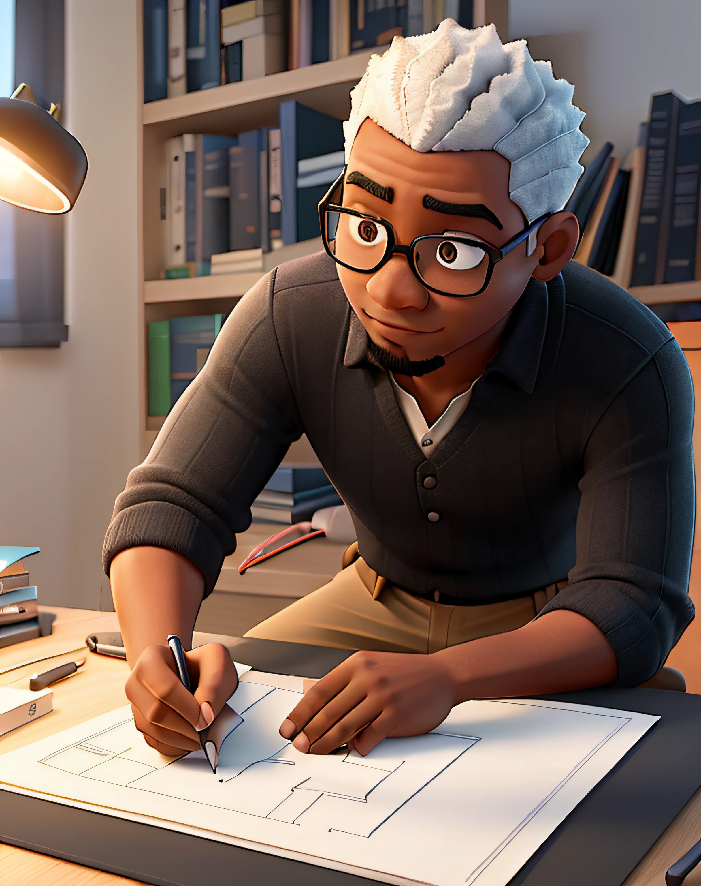 A black architect with shaved hair sitting and drawing an architectural project on a large sheet of paper with his pencil, illuminated by a desk lamp, with a library in the background that is inside his home office, in the style of Disney Pixar