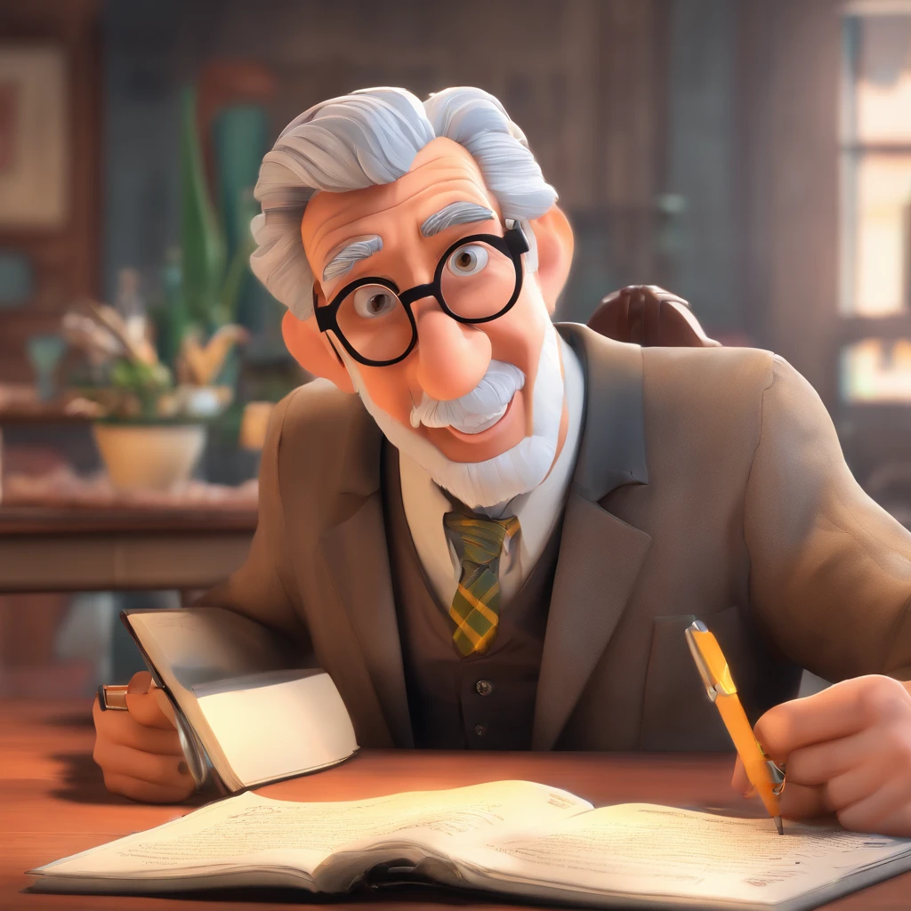 Crie um cartaz inspirado na Disney Pixar com o personagem sendo o pastor Rubens Janier, A gray-haired man wearing glasses, in an office with a Bible on the table