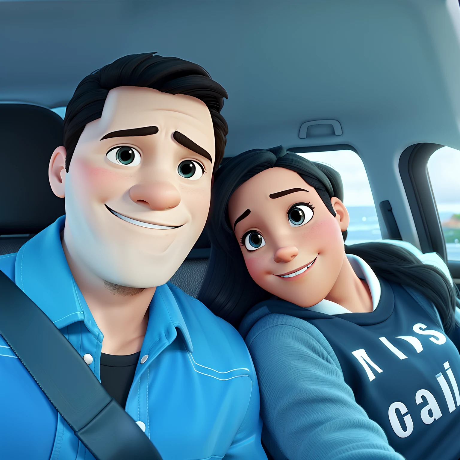 homem branco com mulher negra curve no carro estilo disney pixar