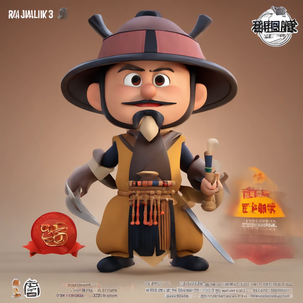 Make a Pixar Style Realistic Poster of 3D Animation. O personagem tem bigode e cavanhaque pretos , vestindo um terno preto , Tem um rosto bonito e sedutor, Characteristics of a Samurai, cabelo samurai 8k