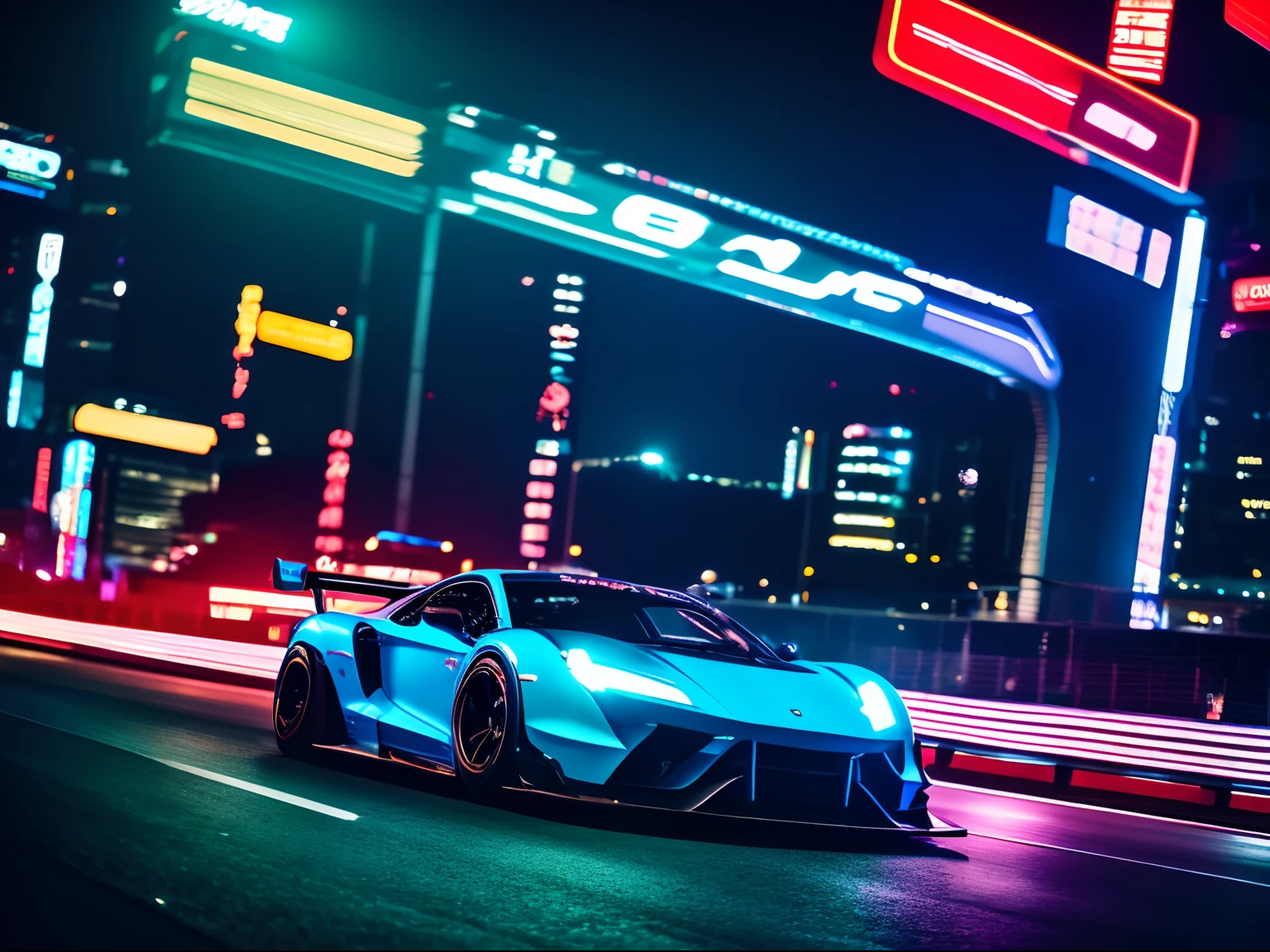 A blue sports car driving down a city street at night - SeaArt AI