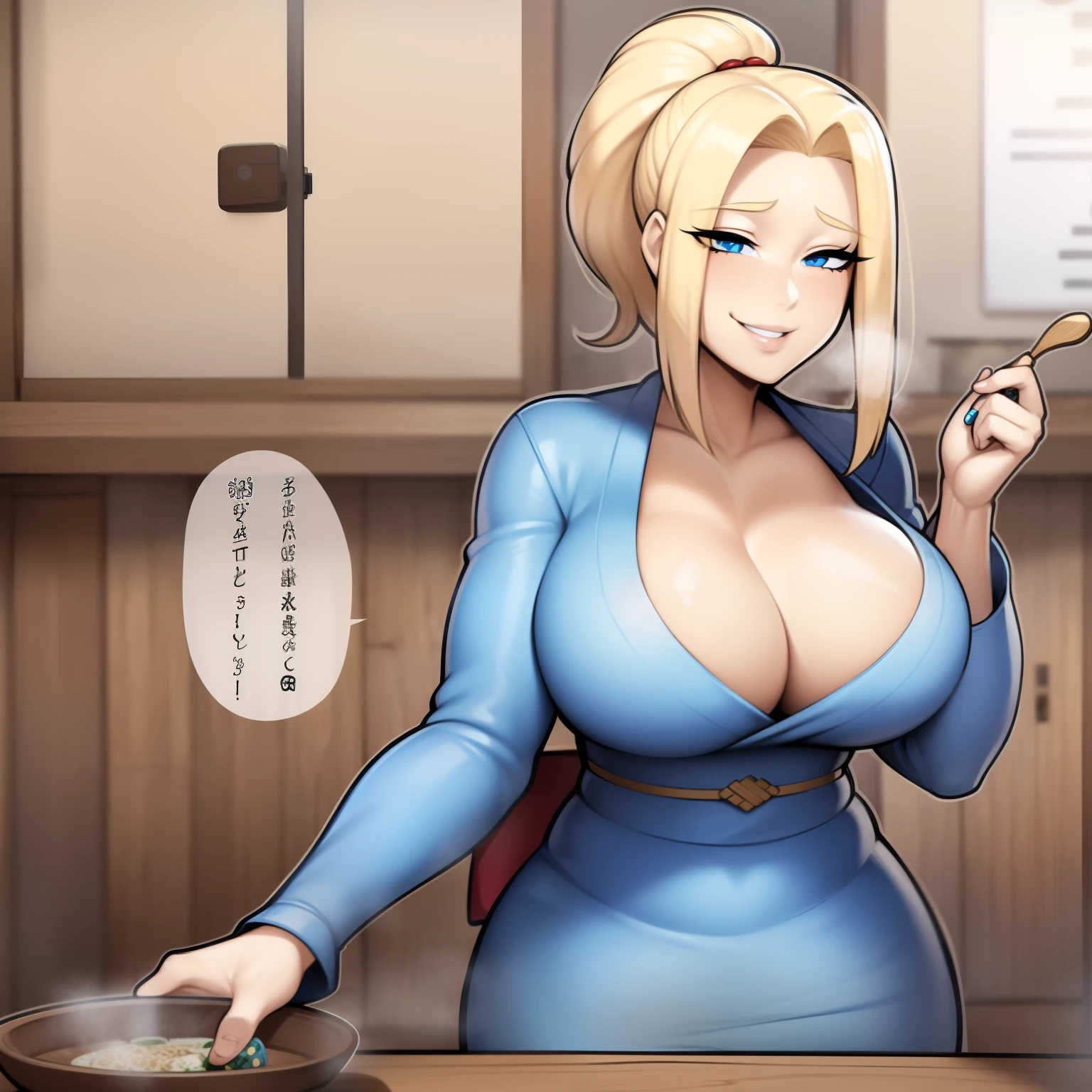 (((Solo))) Girl with light blonde hair in a ponytail, smiling, facing camera, blue eyes, large chest,wearing blue kimono, cooking, cleavage, sitting at a wooden table, beautiful eyes, detailed hands, full lips, best quality, (fortune teller), wearing golden jewelry
