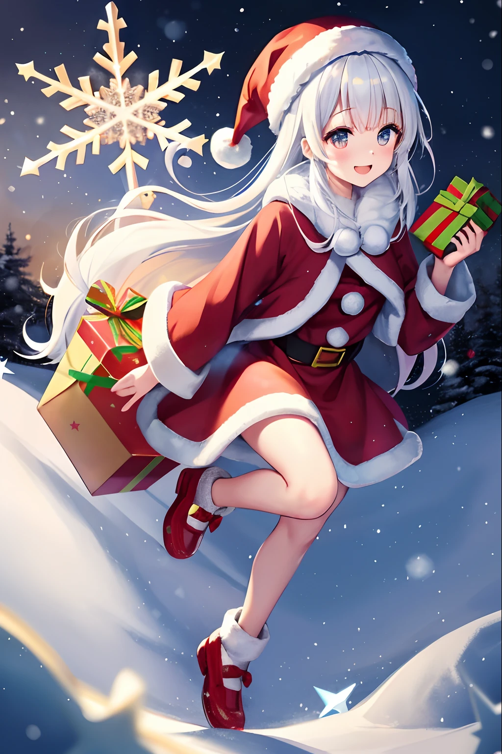 Santa Claus happily holding the present、Santa Claus is a pretty girl、Stars in Eyes(kirakira)、head looking up、Kaihuai、Lovely red shoes、foco nítido, Ultra detail, radiant light、Bio-luminescence、Snowscape、It's snowing、Draw a large snowflake in the foreground、taken from behind、Stronger bokeh effect