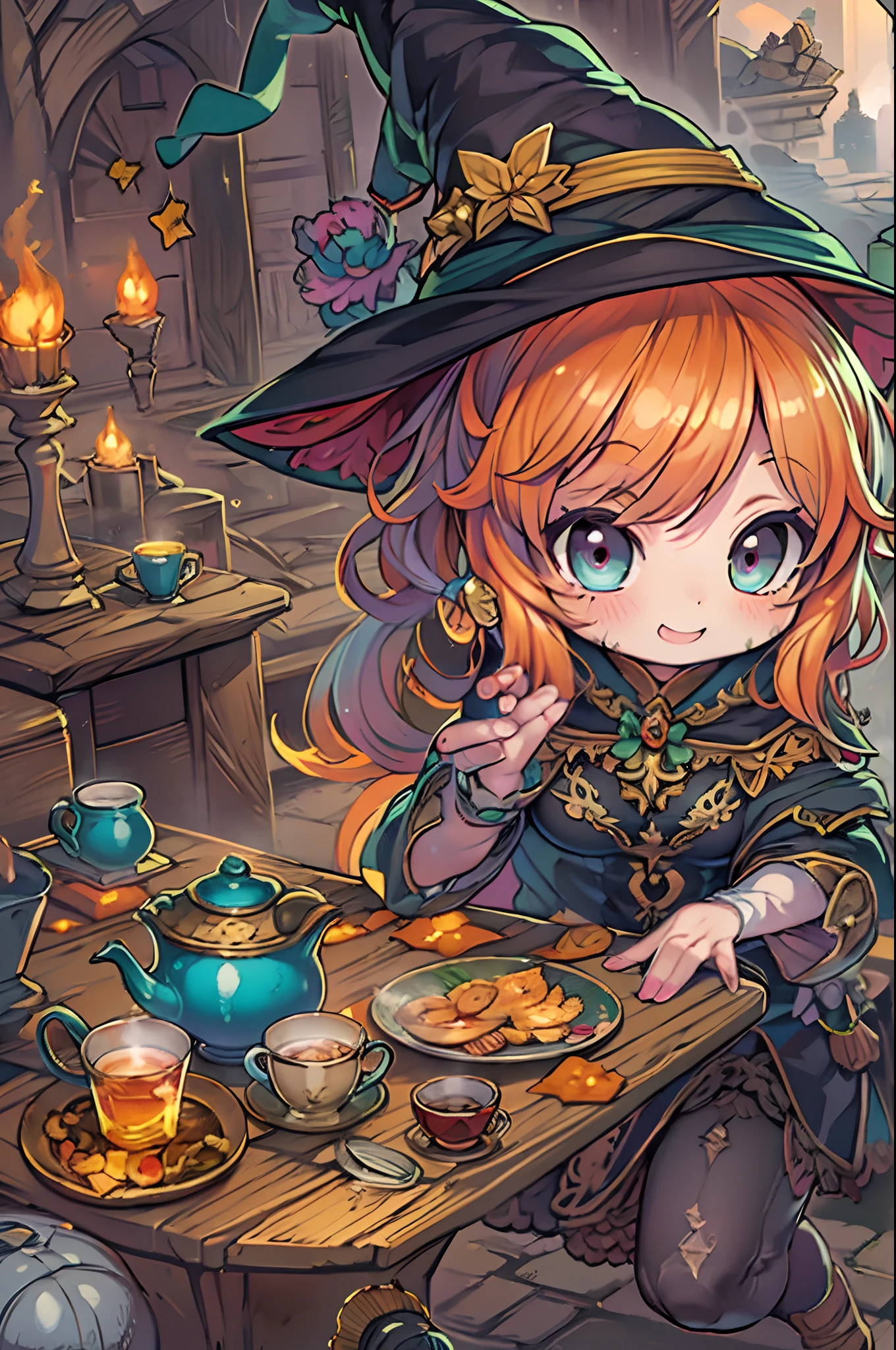 masutepiece, Best Quality, Wizard Tea Party, Chibi, Handsome Female Witch, beautiful witch, highly detailed realistic eyes, Happy, Vibrant, Colorful,