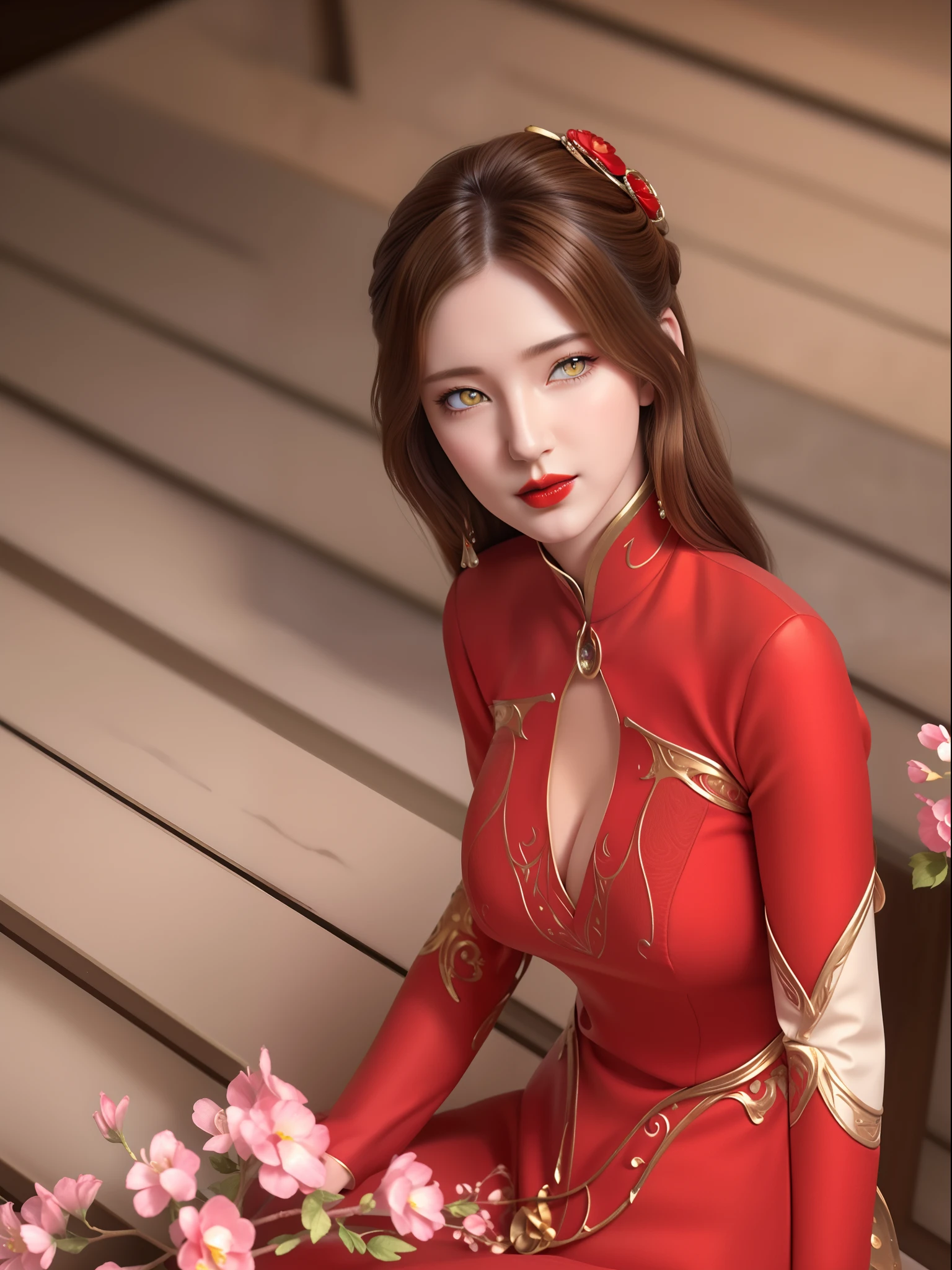 (hyperrealistic), (illustration), (high resolution), (8K), (extremely detailed), (best illustration), (beautiful detailed eyes), (best quality), (ultra-detailed), (masterpiece), (wallpaper), (photorealistic), (natural light), (rim lighting), (detailed face), (high detailed realistic skin texture), (anatomically correct), (solo), (1 girl), (high detailed realistic hair), (caramel hair:1.35), (heterochromic eyes), (detailed eyes), (light yellow eyes:1.37), (sparkling eyes), (realistic big breasts:1.5), (exposed breasts:1.35), (long legs), (slender abs), (dynamic pose), (closed tiny mouth:1.3), (nsfw), (concentrated expression), (topless), (red lipstick:1.3)