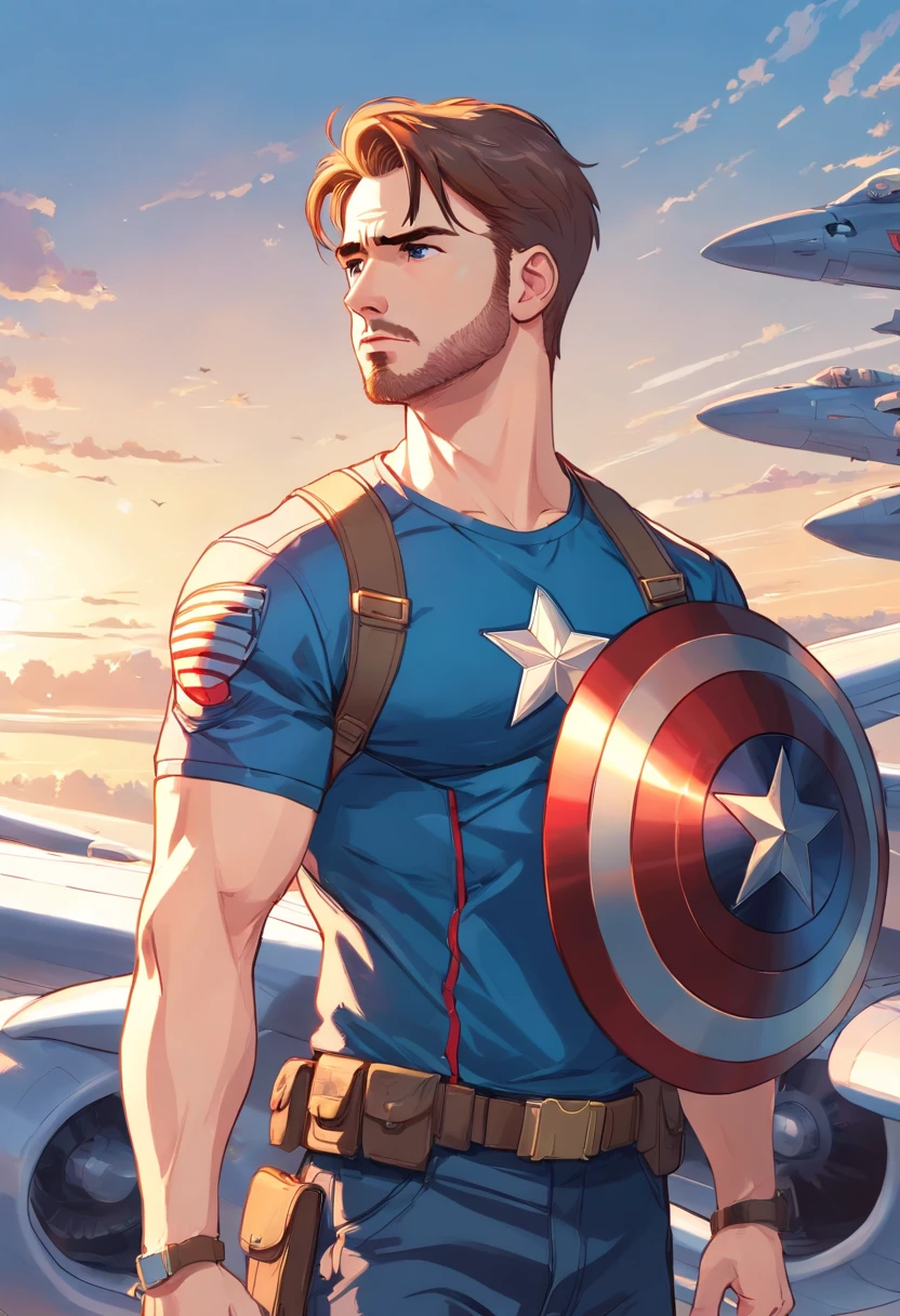 "A detailed illustration of Chris Evans as Captain America wearing a t-shirt, Olhando para o aviao"