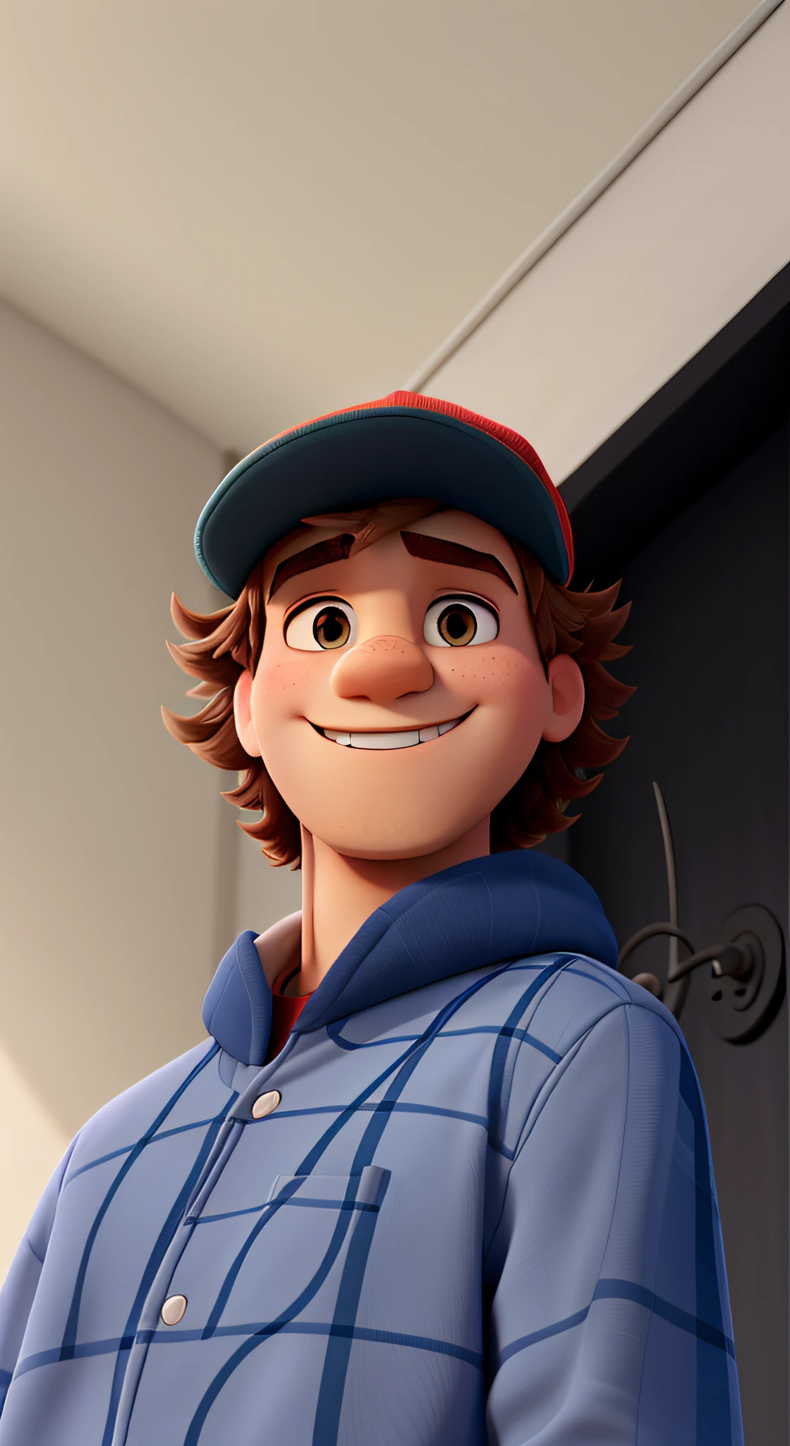 A boy wearing a cap, com cabelo grande, estilo disney pixar, alta qualidade, melhor qualidade
