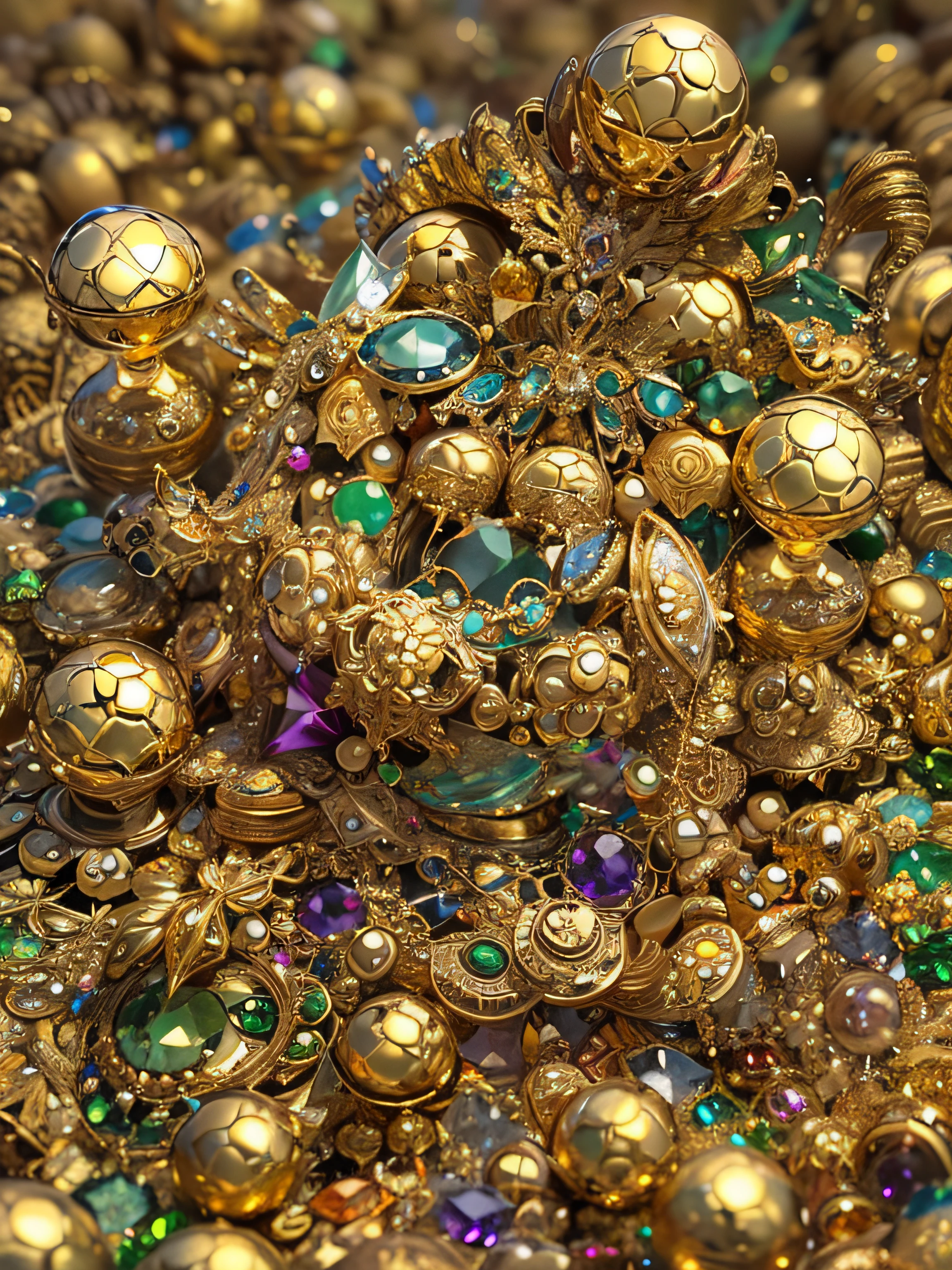 (Tesouro pirata, Gold and precious stones are stacked in piles in the center), encontra-se em uma caverna, The light is in the upper right corner, detalhes 3D, hiperrealista, super detalhado