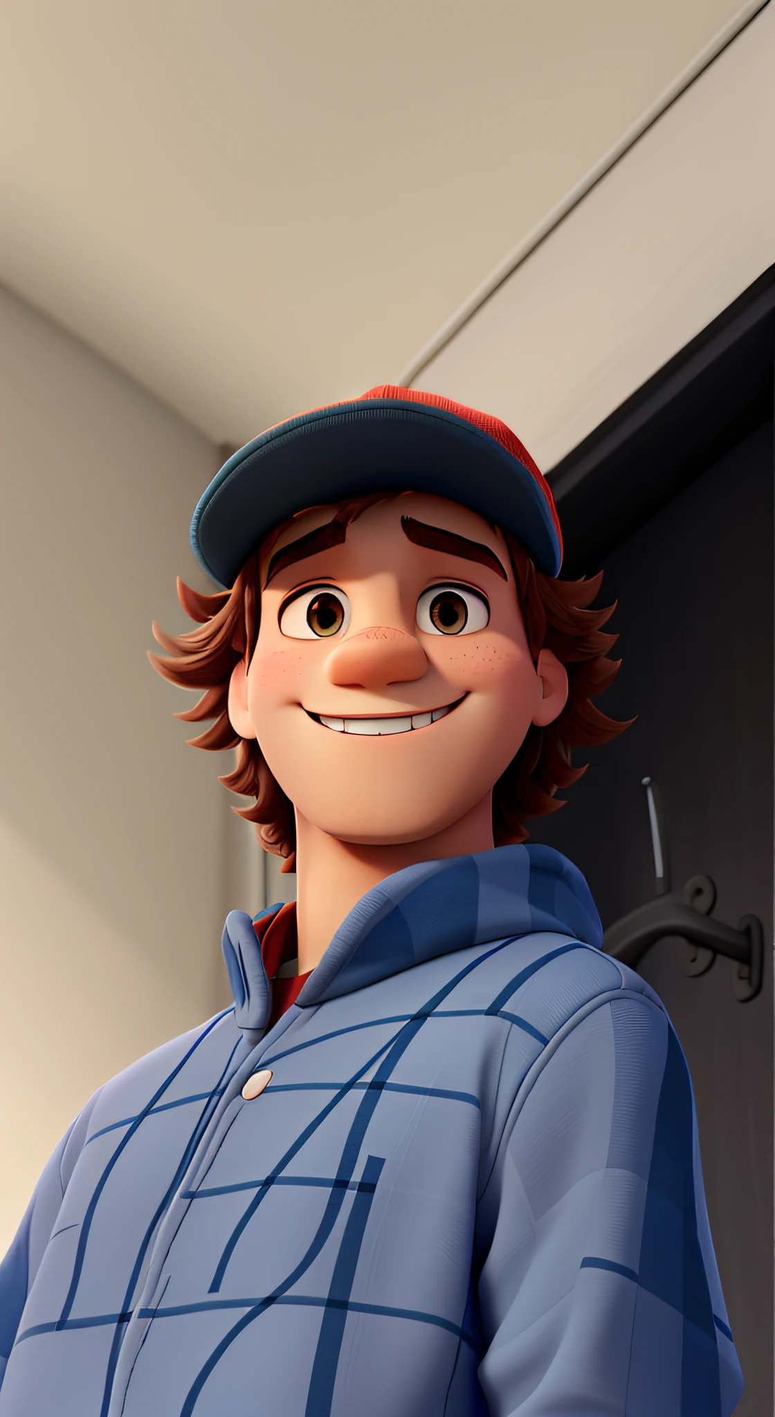 A boy wearing a cap, com cabelo grande, estilo disney pixar, alta qualidade, melhor qualidade