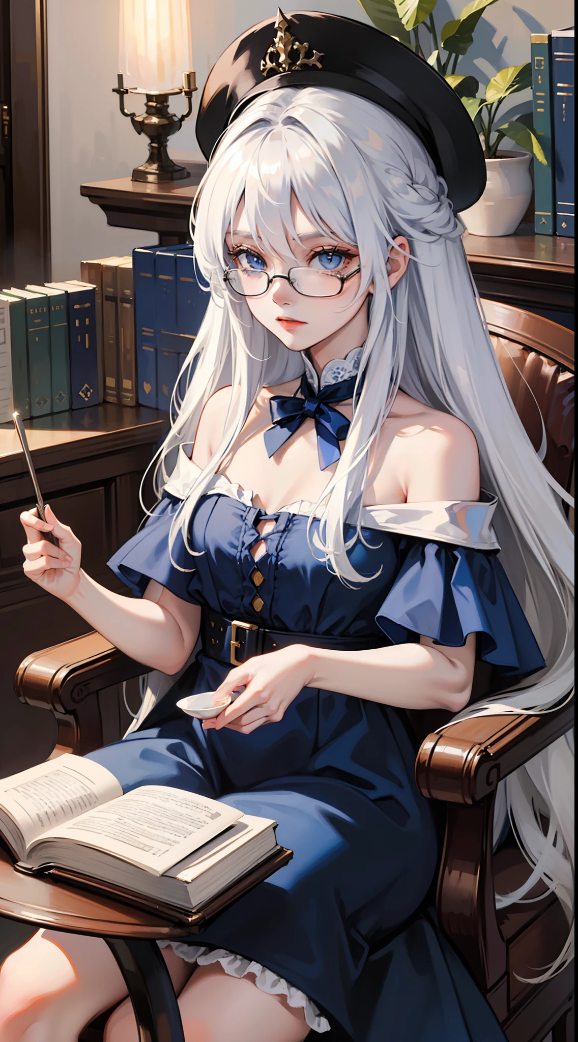 , Long white hair, blue eyes, Black, stylish glasses, blue dress, fluffy dress, short sleeves, open shoulders, book, sitting at a table, tea, Masterpiece, hiquality, 4k, HD, Good detail