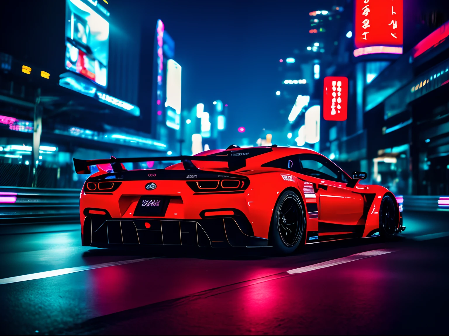 Cinematic shot [supercar] on illegal race on [Tokyo Streets], [at night, neon lighting], [low angle], action scene, dynamic action, film grain, motion blur, Epic realism, raw photo, highly-detailed, 8k, in the style of Tokyo Drift