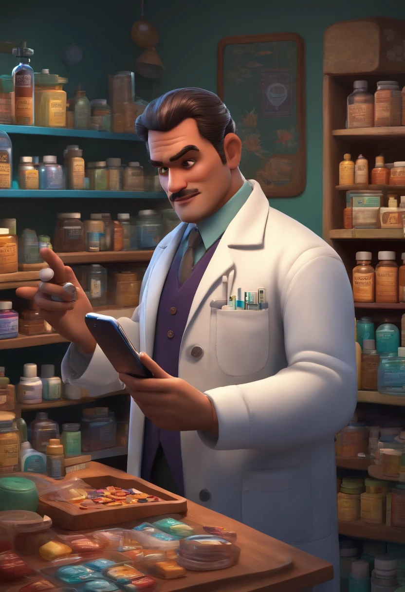 Disney Pixar Male Pharmacist, Cabelos pretosarrepiados , Showing Cell Phone Application for Drugs and Laws