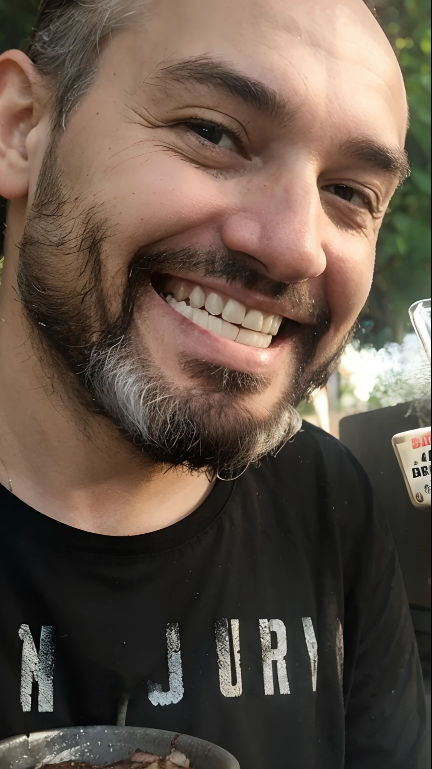A happy and young grandpa make BBQ